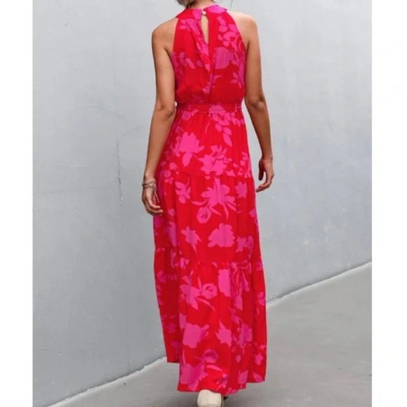 Boho pink  floral print belted halter maxi dress - Picture 5 of 14